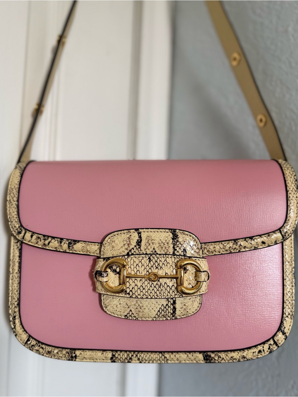 Rare Gucci Limited Edition Horsebit 1955 Blush Pink Leather&Python Crossbody Bag - Picture 4 of 15